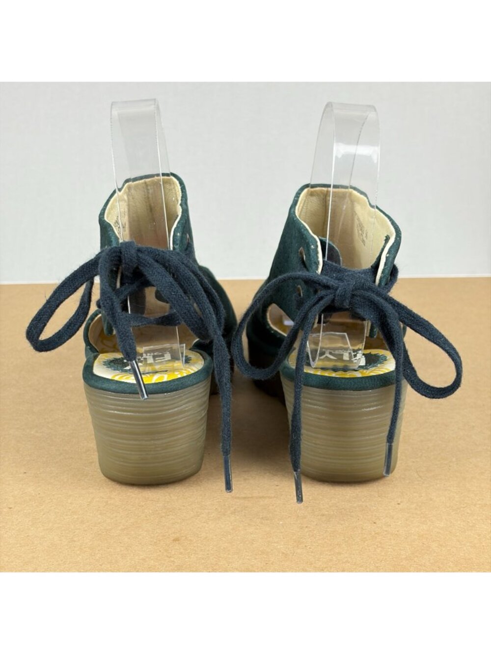 Fly London Yuzu Leather Wedge Sandals Womens 6 EU 36 Dark Green Lace Up Heel - Picture 4 of 10
